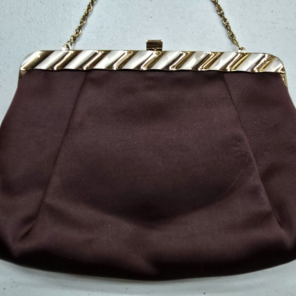 Vintage Miss Lewis Evening Bag Purse Clutch Burgundy Satin Gold Chain Kiss Lock - Picture 2 of 11